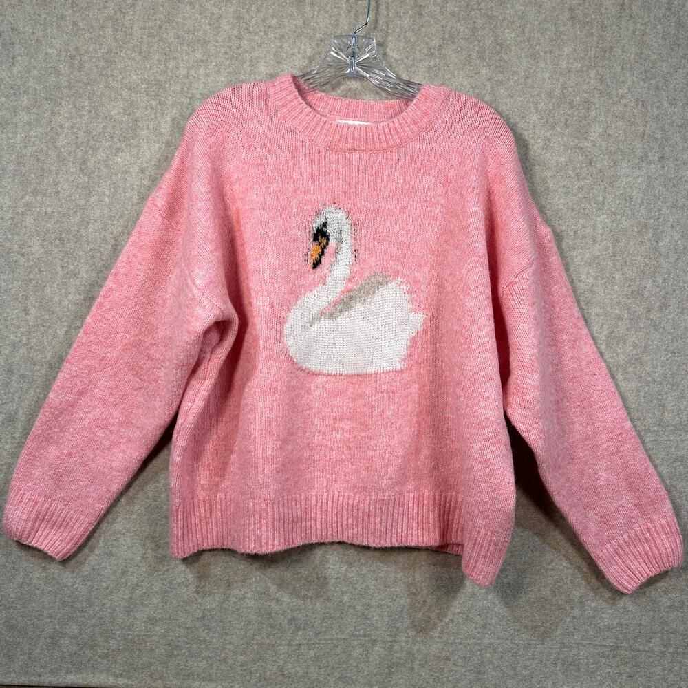 Bailey Rose - Women’s Cherry Pink Swan OVERSIZED sweater size XS (retail $90)